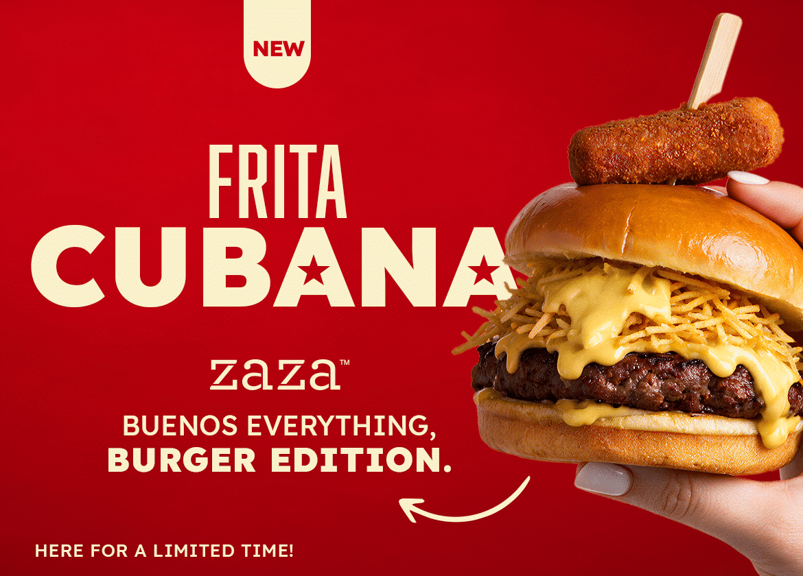 New Frita Cubana at Zaza Cuban Comfort, a burger topped with shoestring potatoes, melted cheese, and a croqueta, available for a limited time.