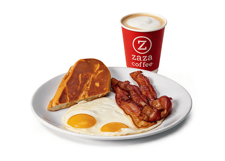 A breakfast combo with eggs, bacon, toast, and coffee.