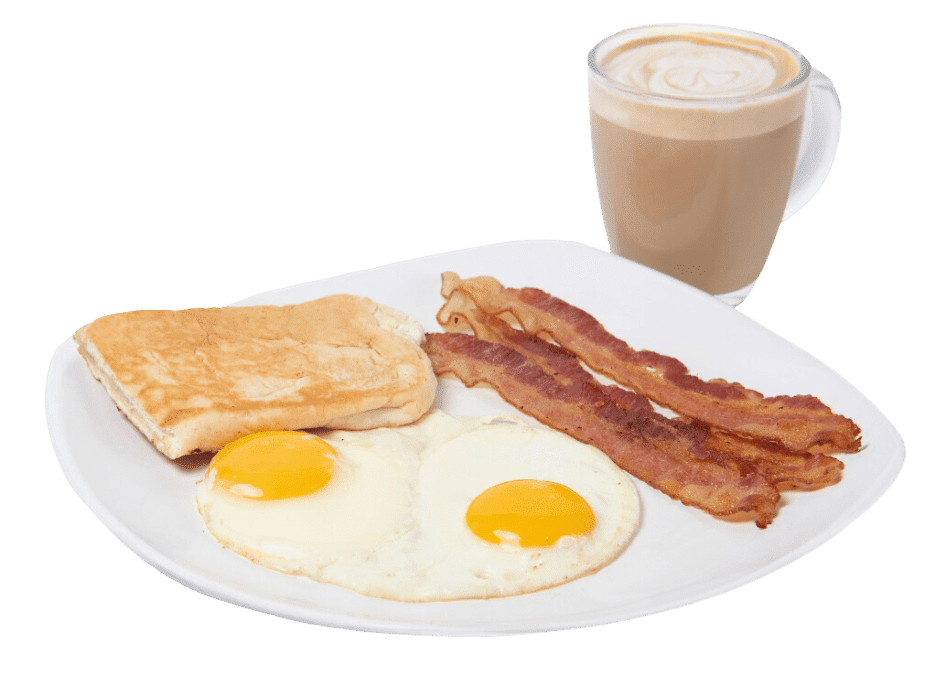 A breakfast combo with eggs, bacon, toast, and coffee.