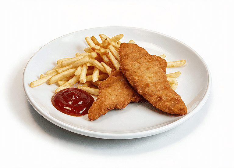 Kids Menu Item Chicken Fingers and Fries