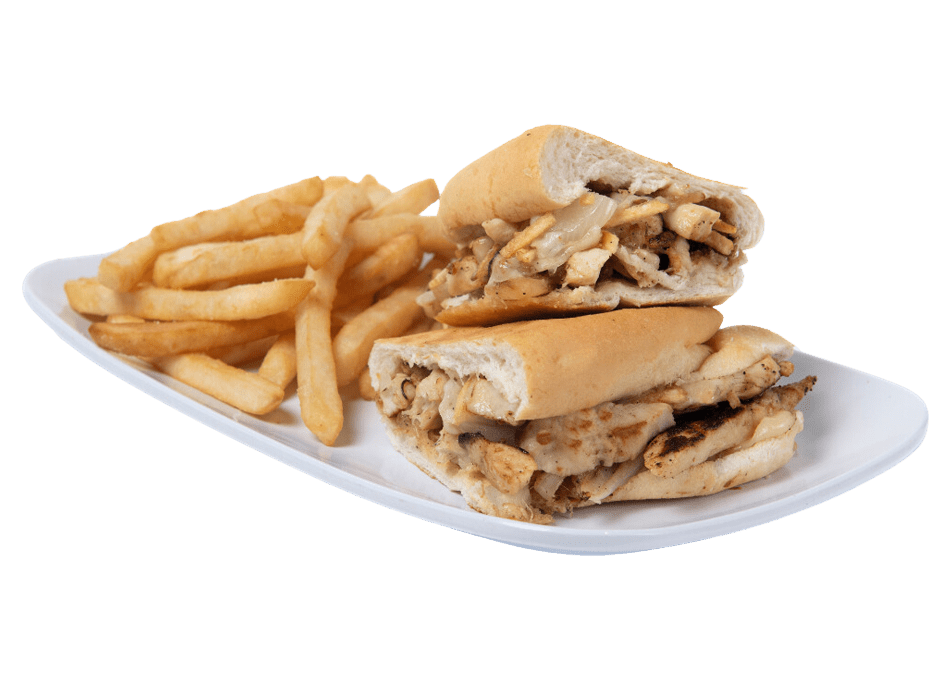 A Mojo Chicken sandwich with fries.