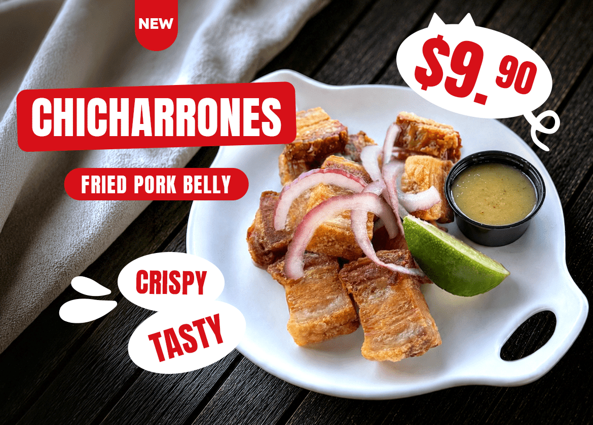 New Chicharrones from Zaza, fried pork belly for $9.90, served with lime, onions, and sauce. Crispy and tasty.