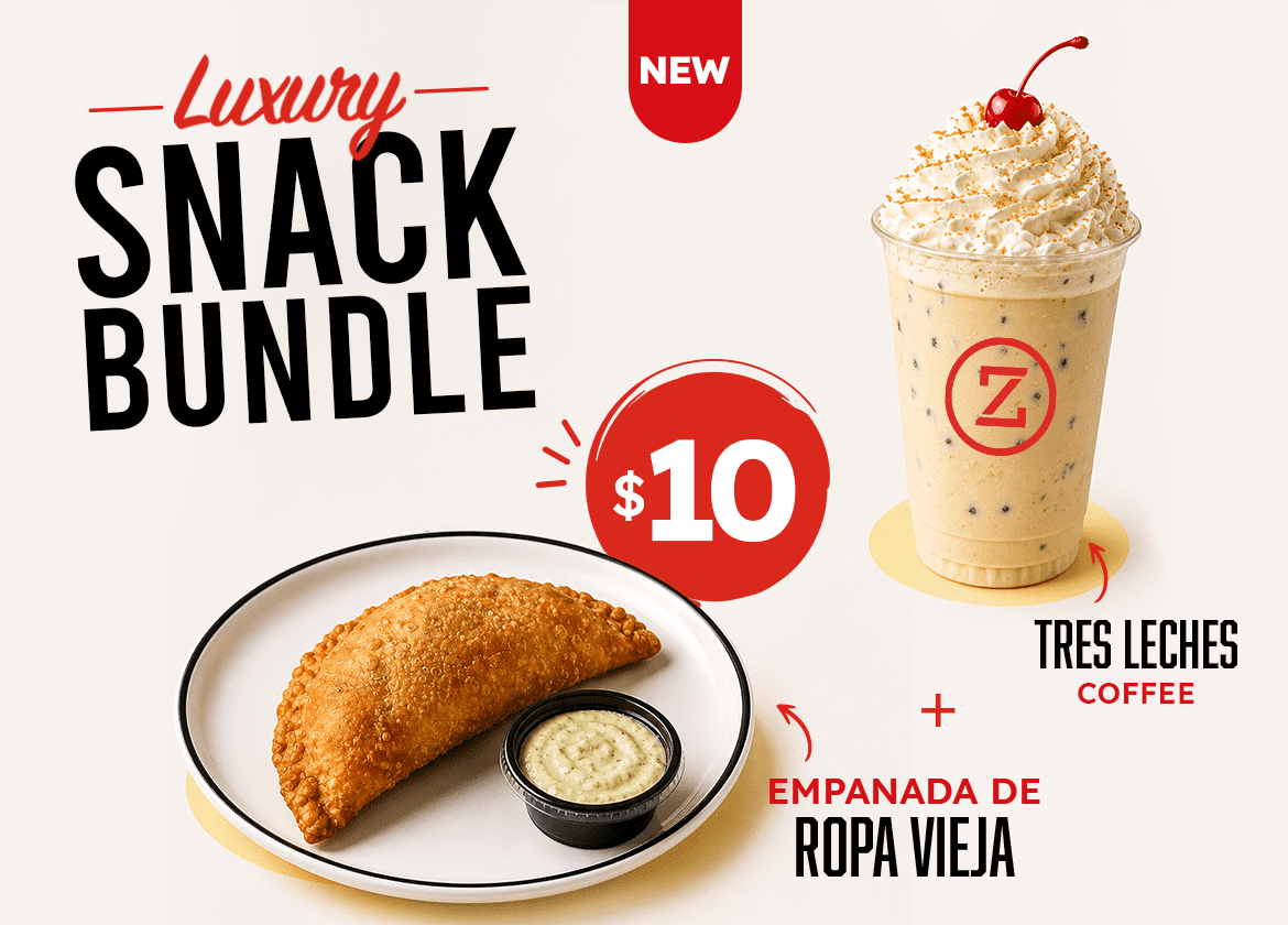 New Luxury Snack Bundle from Zaza for $10, featuring a Ropa Vieja empanada with sauce and a Tres Leches Coffee.